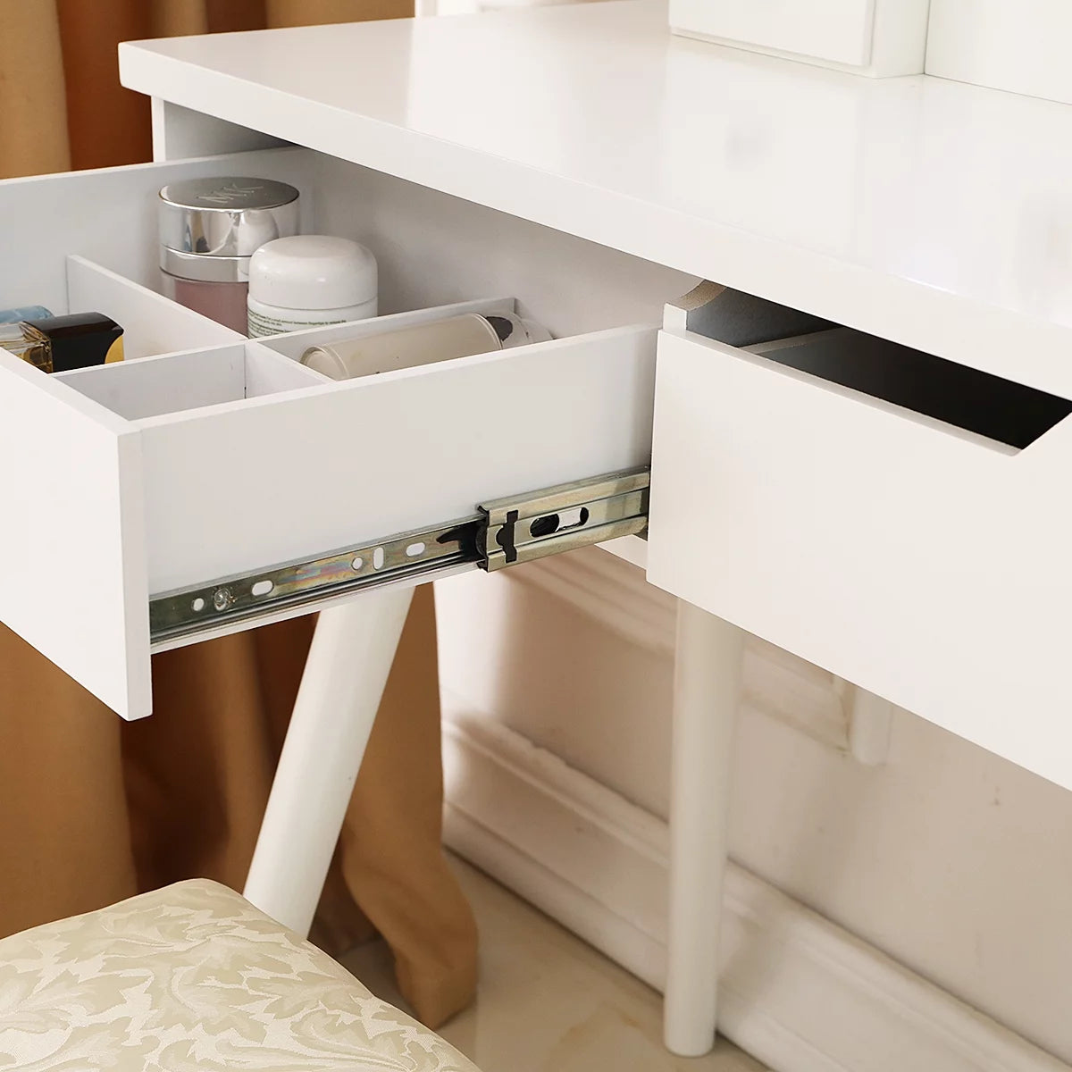 White Wooden Dressing Table with Lighted Mirror and Cushioned Stool T5574