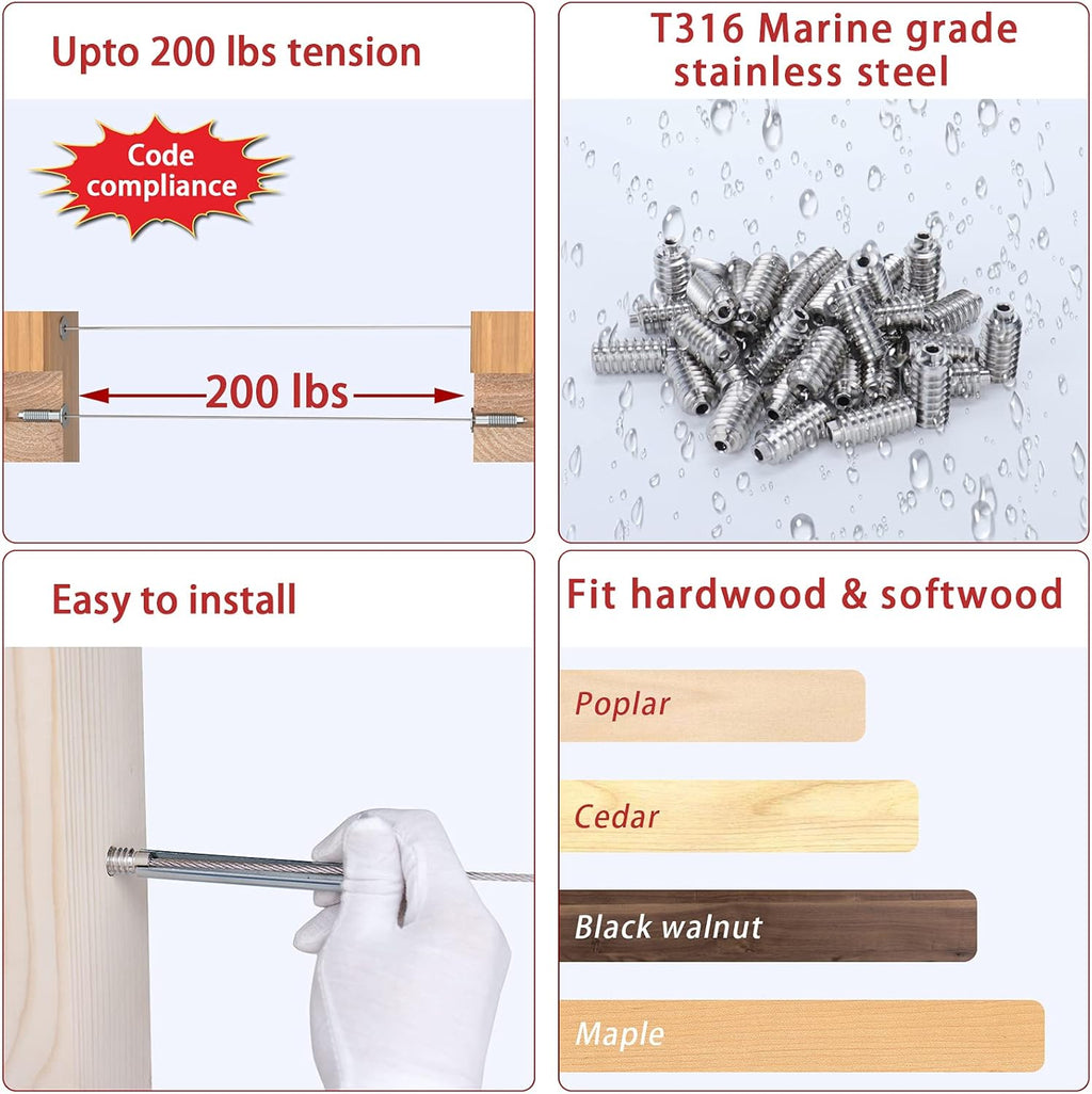 40Pack 1/8 Invisible Cable Railing Kit T316 Stainless Steel 20 Cable Line with Socket Wrench W104