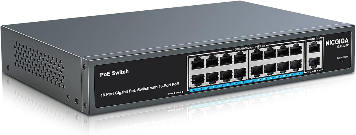 18 Port Gigabit PoE Switch with 16 Ports PoE+@250W, 2 Gigabit Uplink Ports, VLAN Mode, Metal Case, Rack Mount C71438