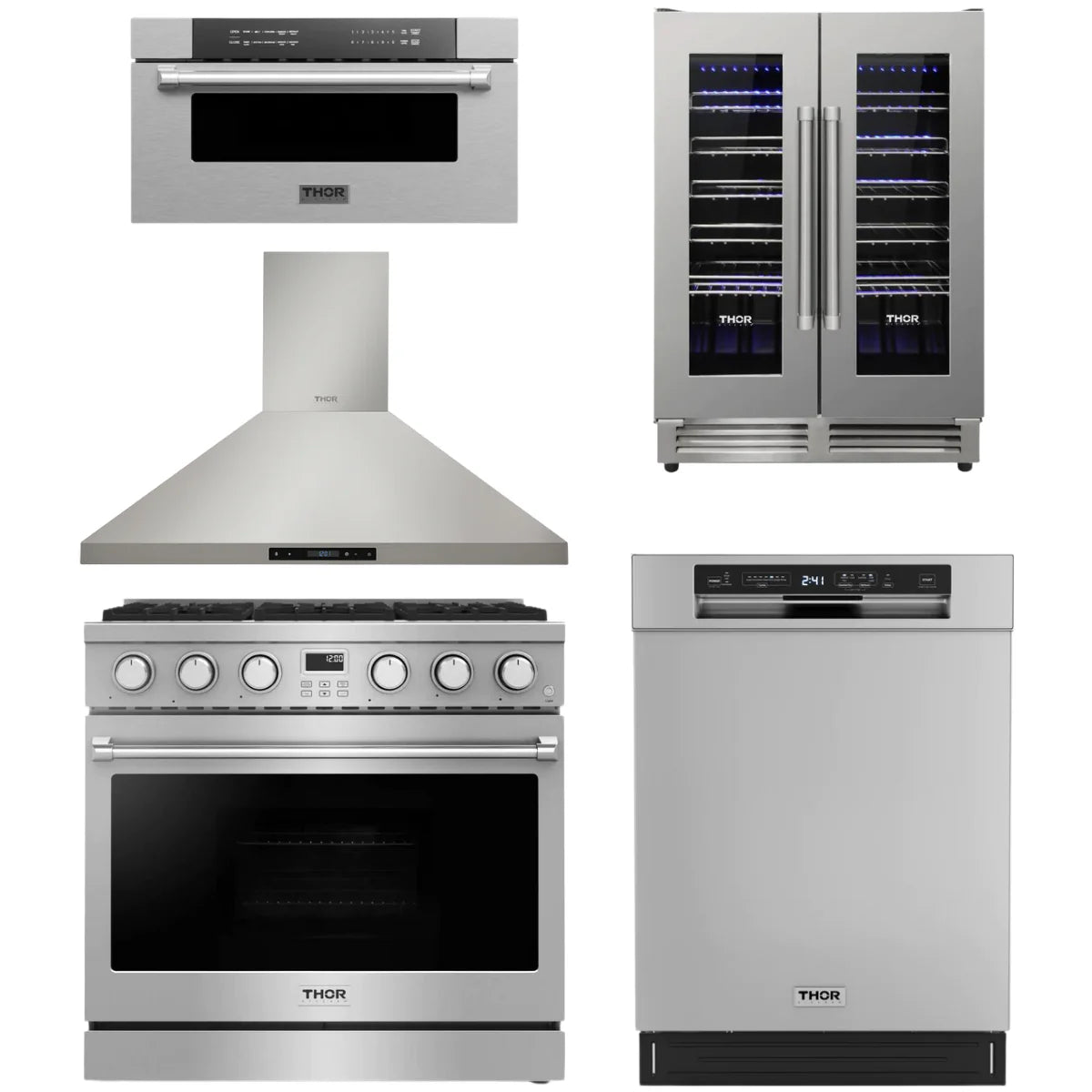 36 Gas Range, Range Hood, Dishwasher, Microwave and Wine Cooler R603