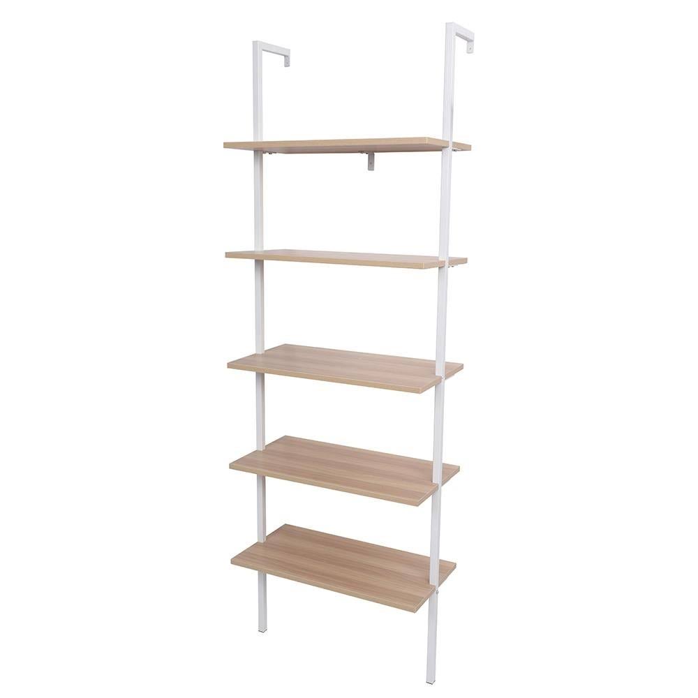 Walnut Beige 5-Tier Wood Ladder Bookcase with Metal Frame R513