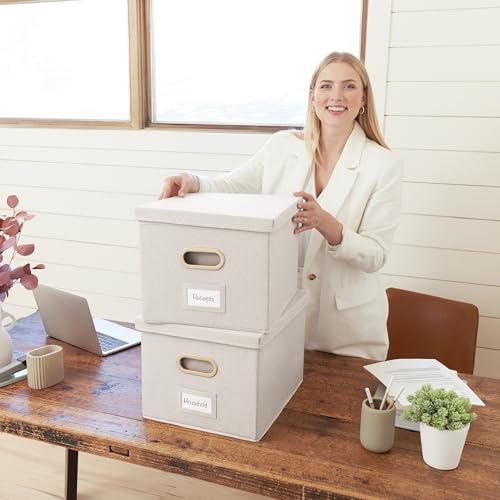 Collapsible Linen File Organizer Box Set of 2 with Lid J12532