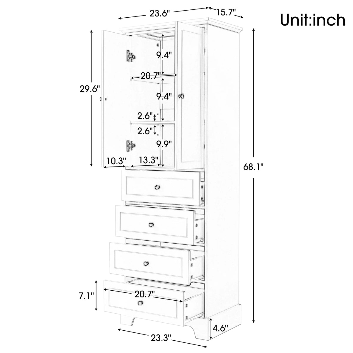 White Wooden Storage Cabinet with Adjustable Shelves and Drawers K2951