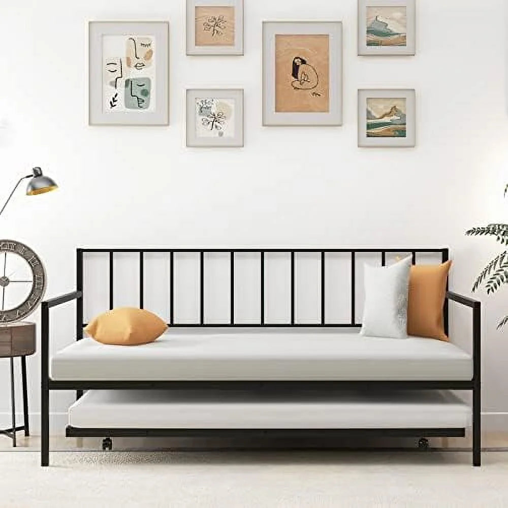 Black Metal Twin Daybed Frame with Slat Support and Guardrails F97754