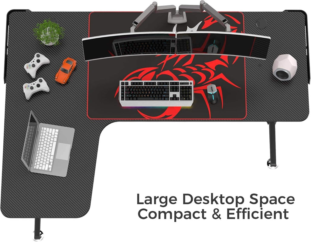 Black L Shaped 60 Inch Gaming Desk with Mouse Pad and Cable Management X316