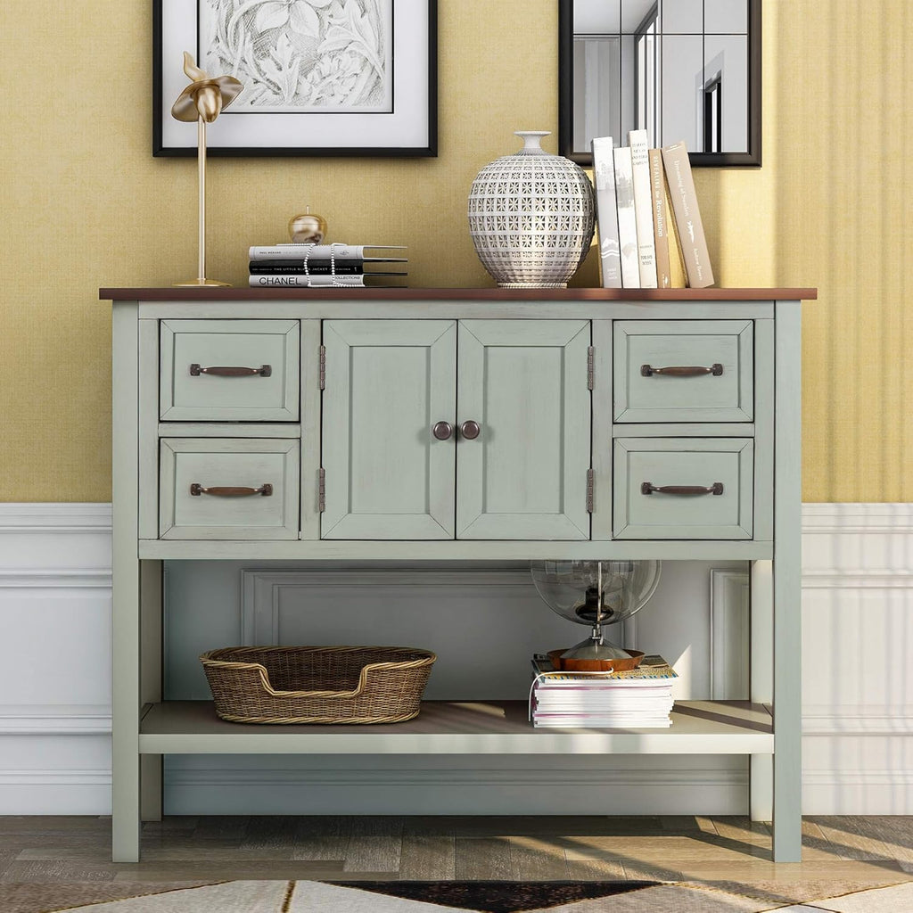 43 Inch Light Blue Console Table with Doors Drawers and Open Shelf O2226
