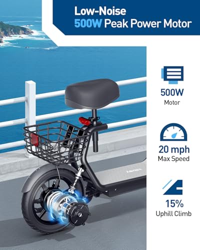 Electric Scooter with Seat, 500W Peak Motor, 20MPH, 22 Miles Range, Foldable, Dual Suspension, Drum Brakes C303