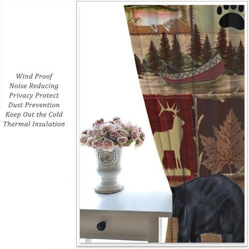 Rustic Bear Moose Deer Curtains, Retro Pine Tree Cabin Country Lodge Camping Window Treatments Vintage Tribal Aztec Abstract Geometric Blackout Window Drapes 42x63in V8562