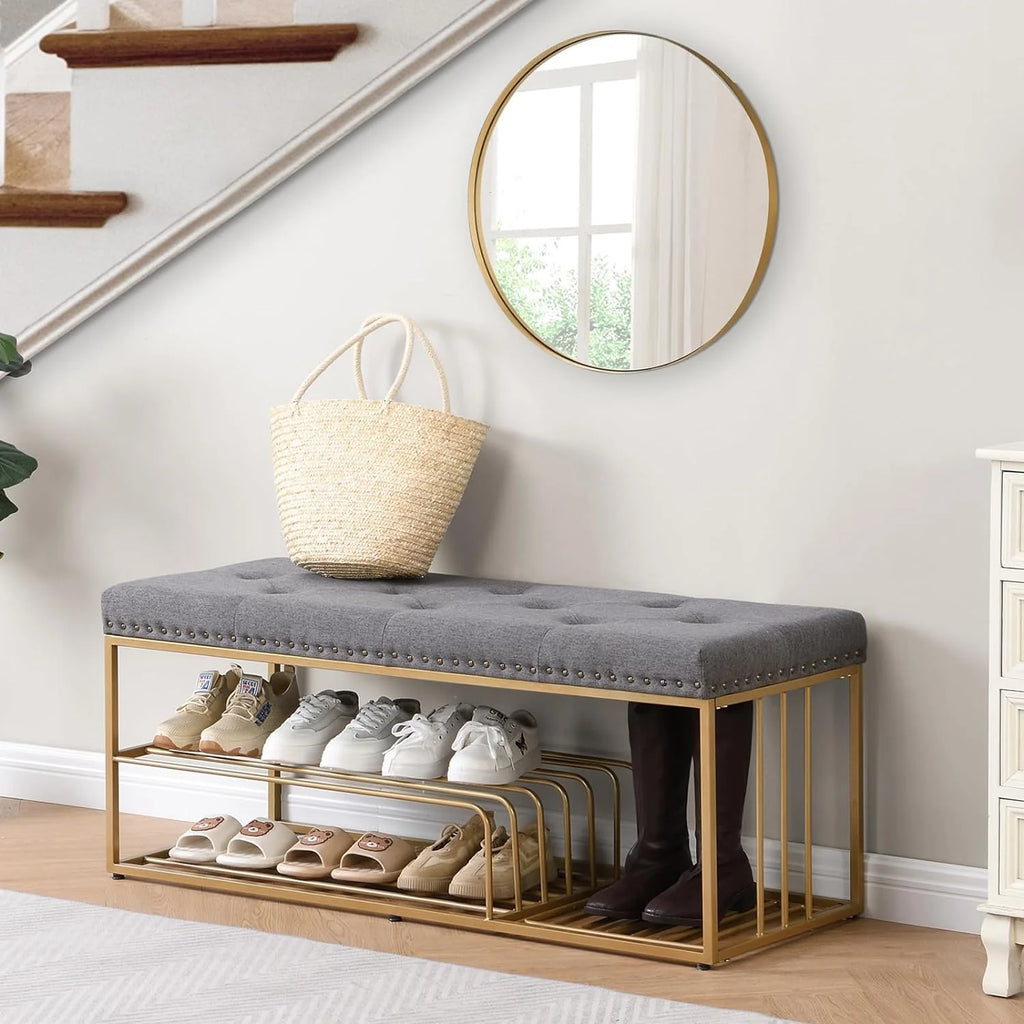 Grey Upholstered Storage Bench with Nailhead Trim D5999
