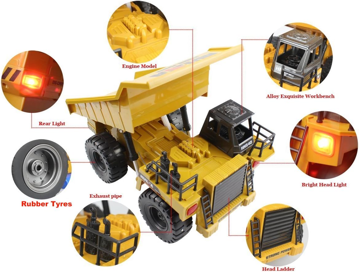 Remote Control Dump Truck 2.4Ghz RC Truck 6 Channel 4WD Construction Vehicle Toy with LED Light and Metal Cab V783