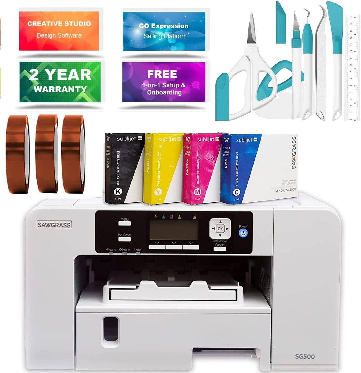 White Sublimation Printer Starter Bundle with Paper, Inks, Tapes, Dust Cover & 7-Piece Craft Tool Set Z6834