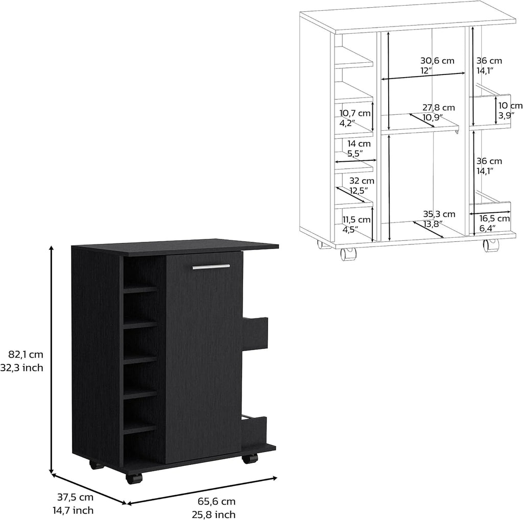 Black Bar Cart with 6 Built In Bottle Racks and 2 Open Side Shelves Z3413