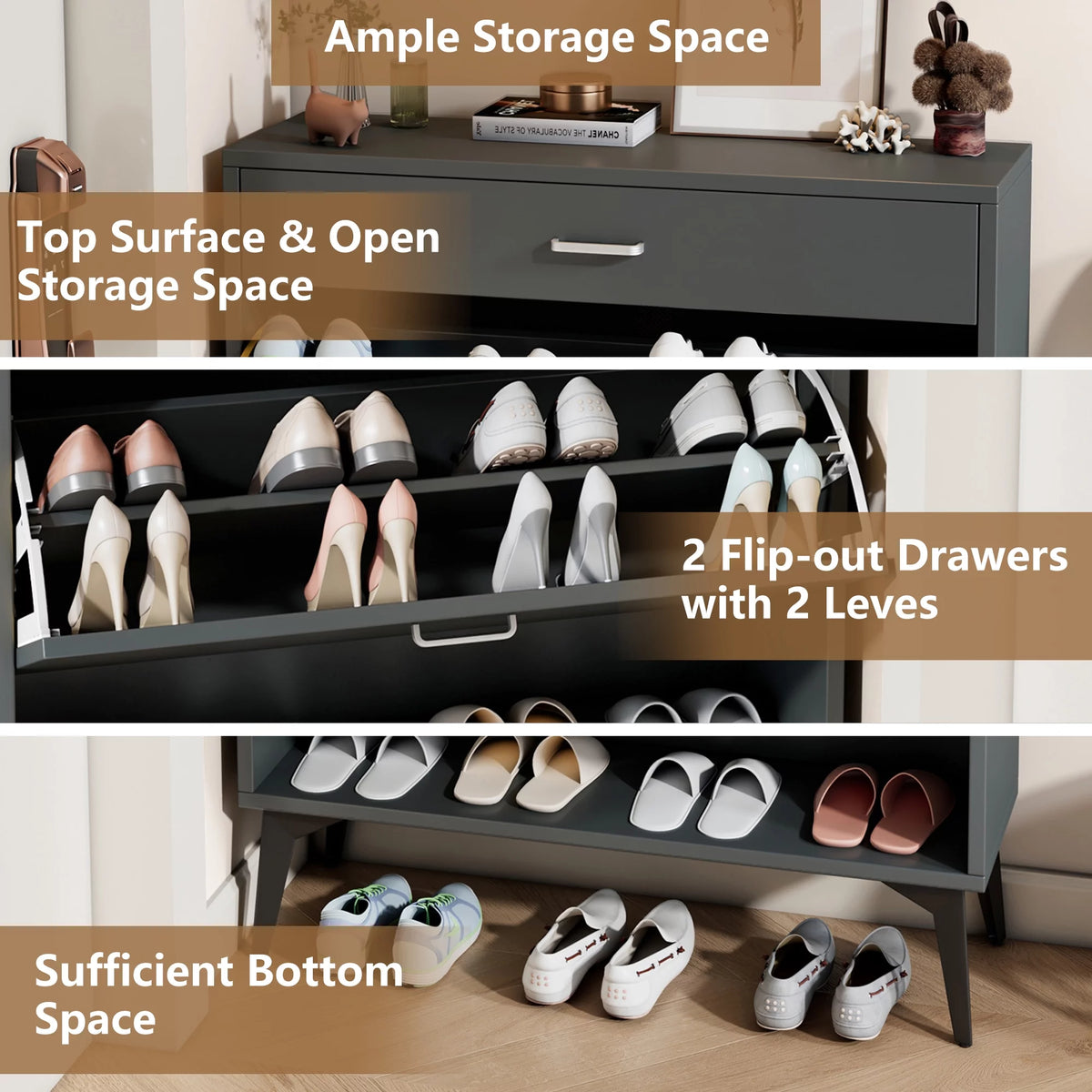 Gray 2 Flip Drawers Shoe Cabinet D353