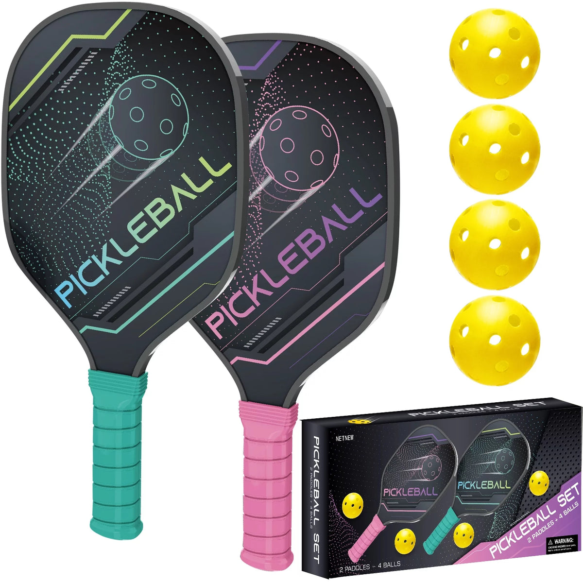 Pickleball Paddles Set of 2 Wood with 4 Balls F9230