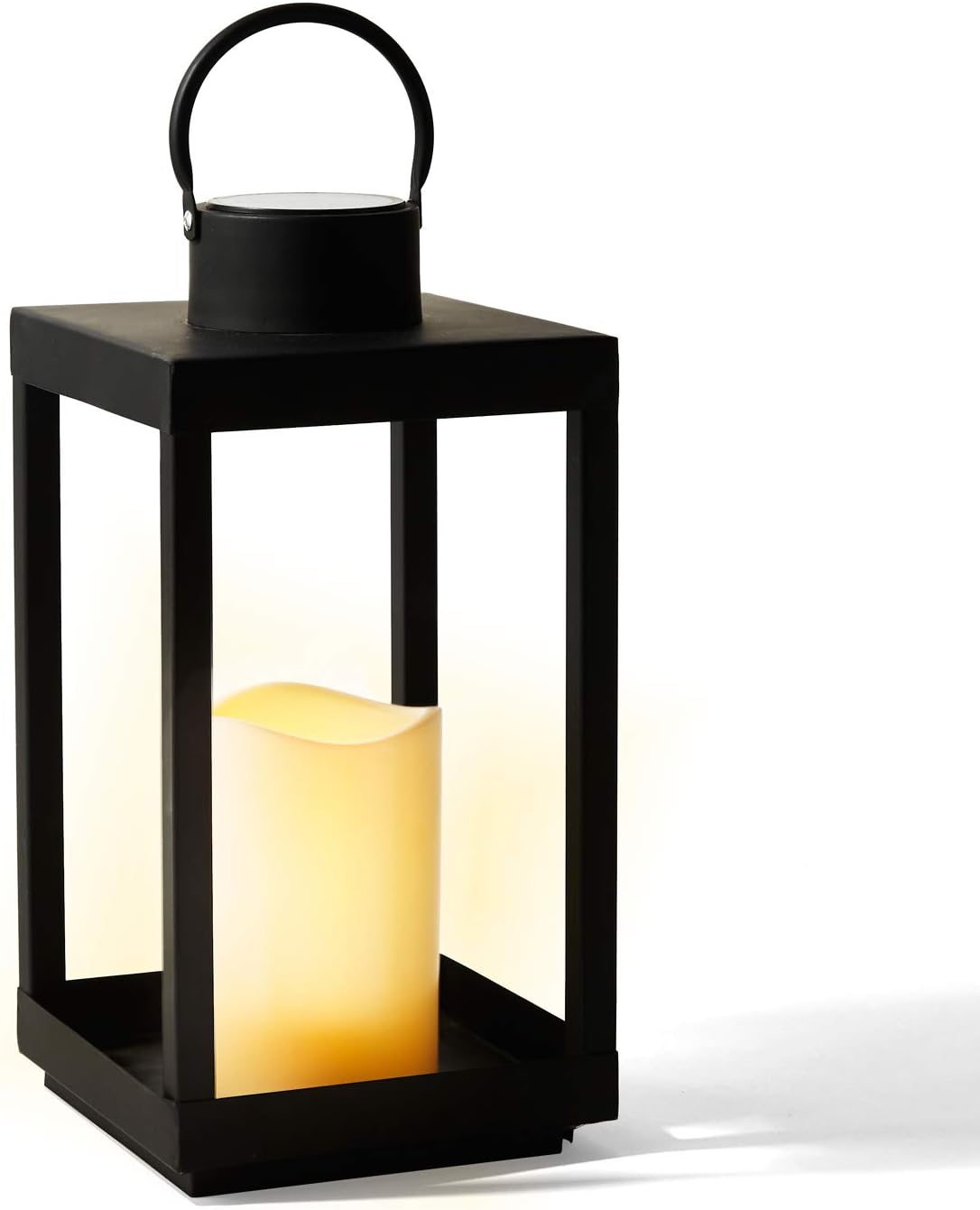 Large Outdoor Lantern with Solar Candle, 18 Inch Tall, Matte Black Metal Frame, Waterproof Flameless Pillar Candle S803277