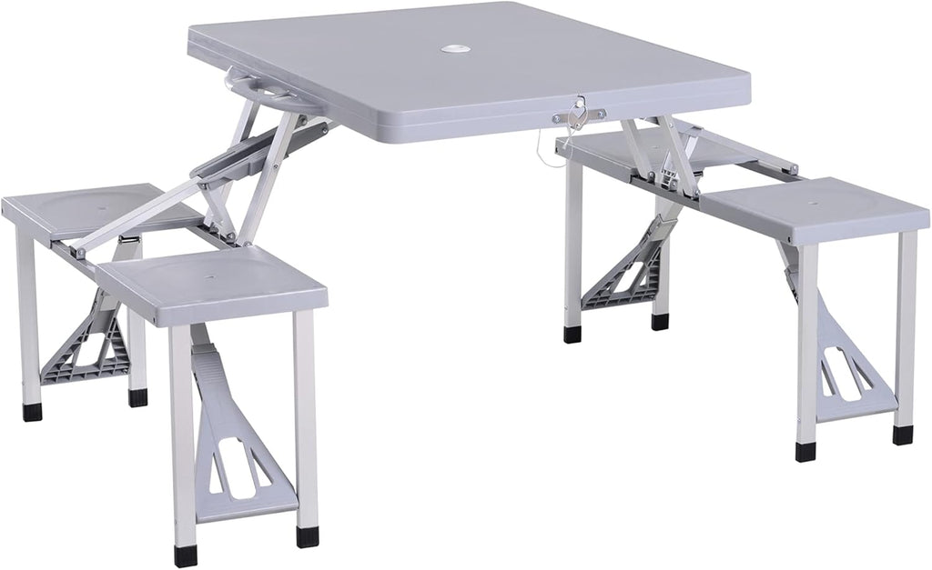Blue 4-Seats Aluminum Fold Up Picnic Table Set with Four Chairs and Umbrella Hole D348