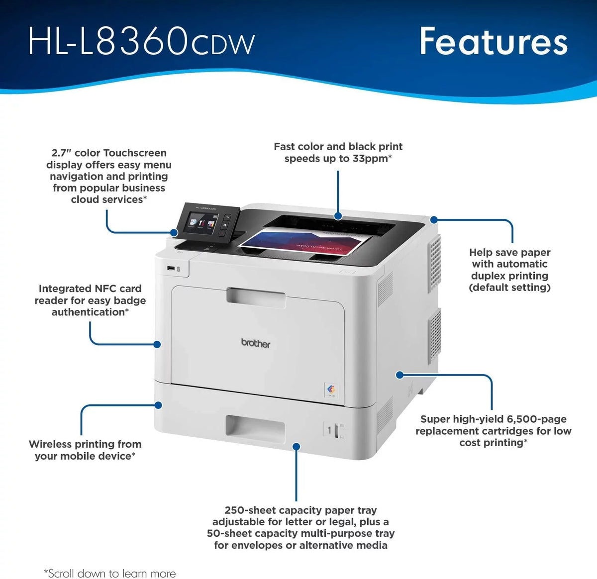 Color Laser Printer, 33 ppm, Auto 2-Sided Printing A538188
