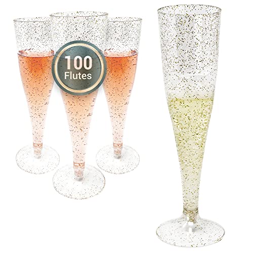 100 Pack 4.5 oz Gold Glitter Plastic Champagne Flutes Y988