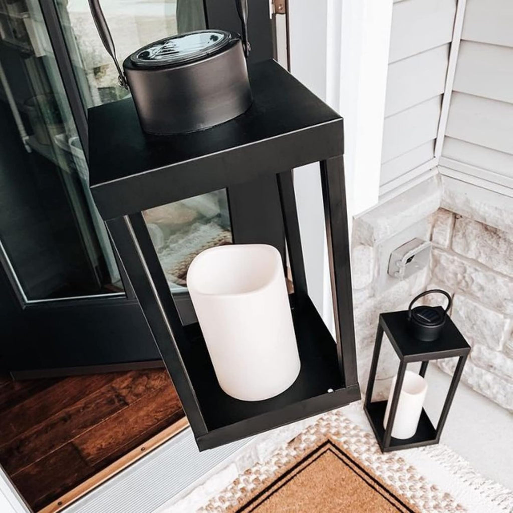 Large Outdoor Lantern with Solar Candle, 18 Inch Tall, Matte Black Metal Frame, Waterproof Flameless Pillar Candle S803277