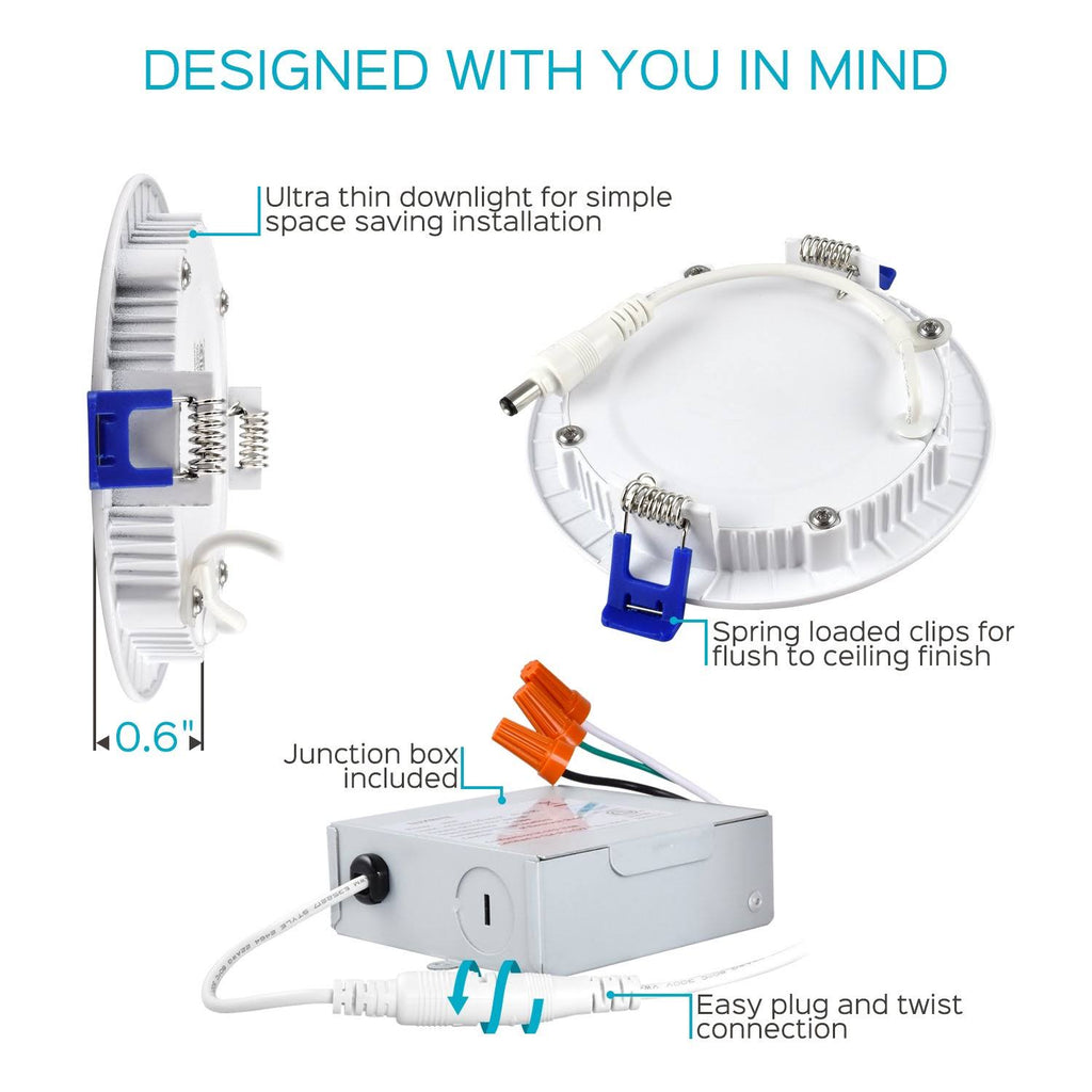 4 inch Ultra Thin LED Recessed Light with Junction Box, 10W, 4000K Cool White Dimmable, 650 Lumens L116