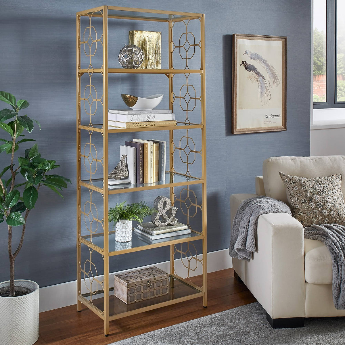 Gold Metal and Glass Bookcase D140