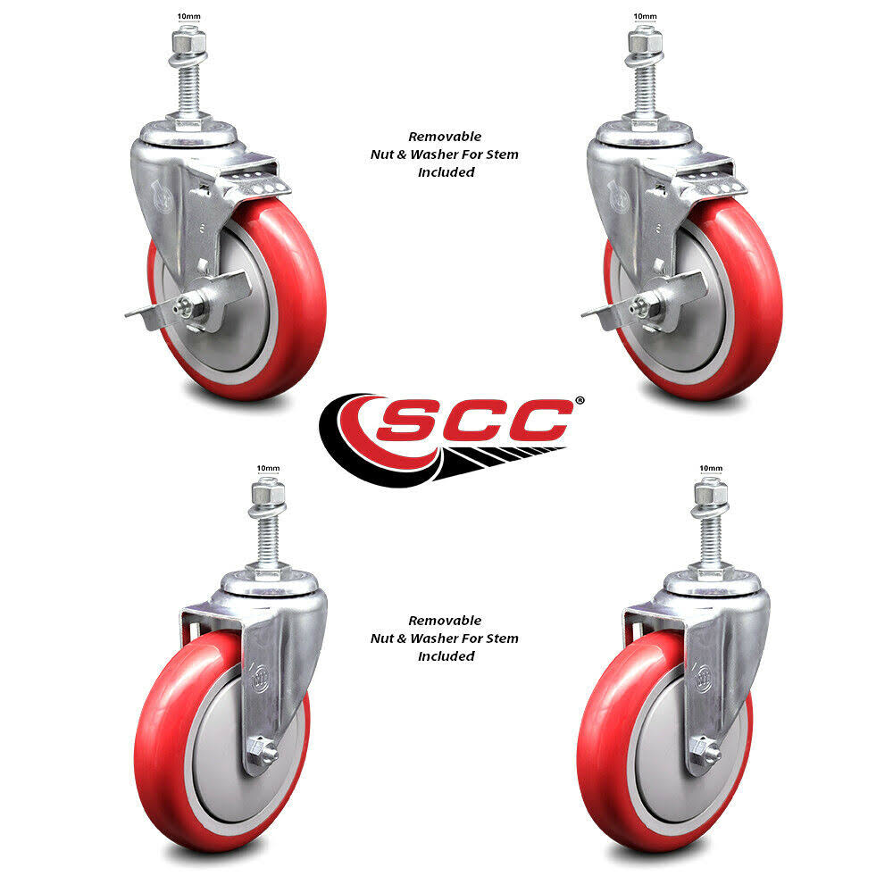 5 inch Red Polyurethane Swivel Caster Set with Brake X669310