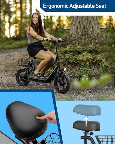 Electric Scooter with Seat, 500W Peak Motor, 20MPH, 22 Miles Range, Foldable, Dual Suspension, Drum Brakes C303