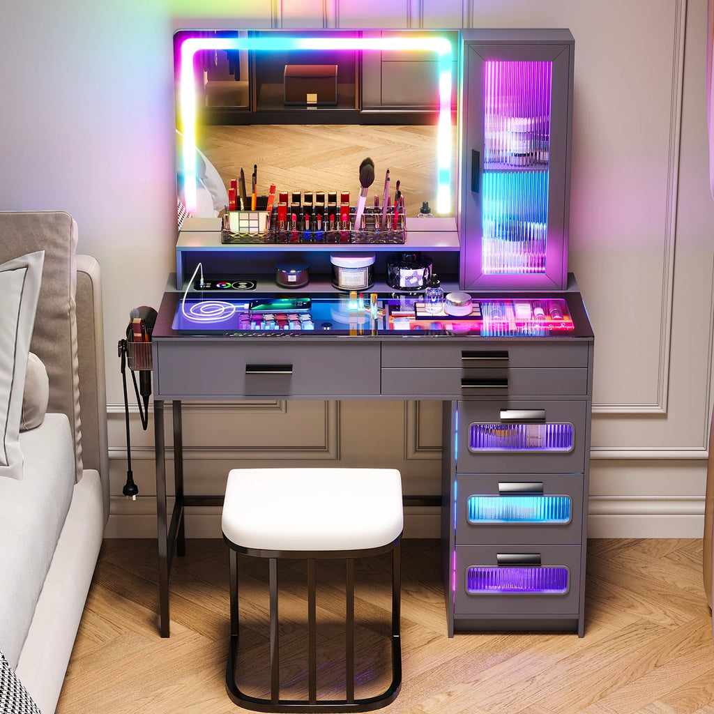 Grey Vanity Desk with Mirror and Stool K68441