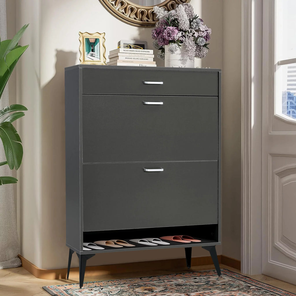 Gray 2 Flip Drawers Shoe Cabinet D353