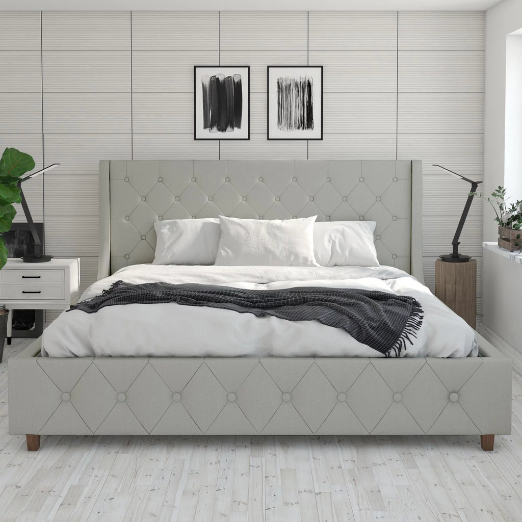 King Light Gray Linen Upholstered Bed N746921