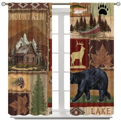 Rustic Bear Moose Deer Curtains, Retro Pine Tree Cabin Country Lodge Camping Window Treatments Vintage Tribal Aztec Abstract Geometric Blackout Window Drapes 42x63in V8562
