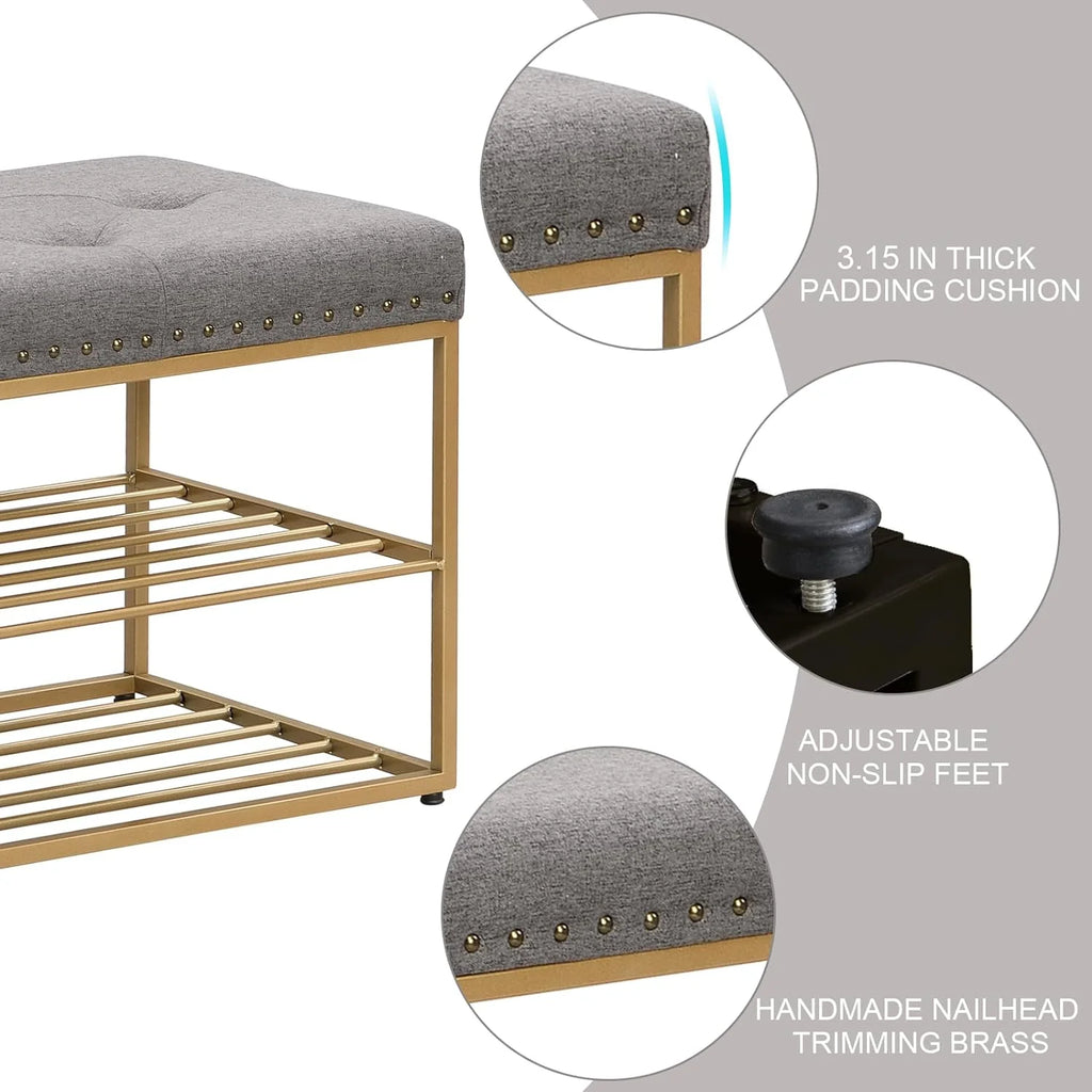 Grey Upholstered Storage Bench with Nailhead Trim D5999