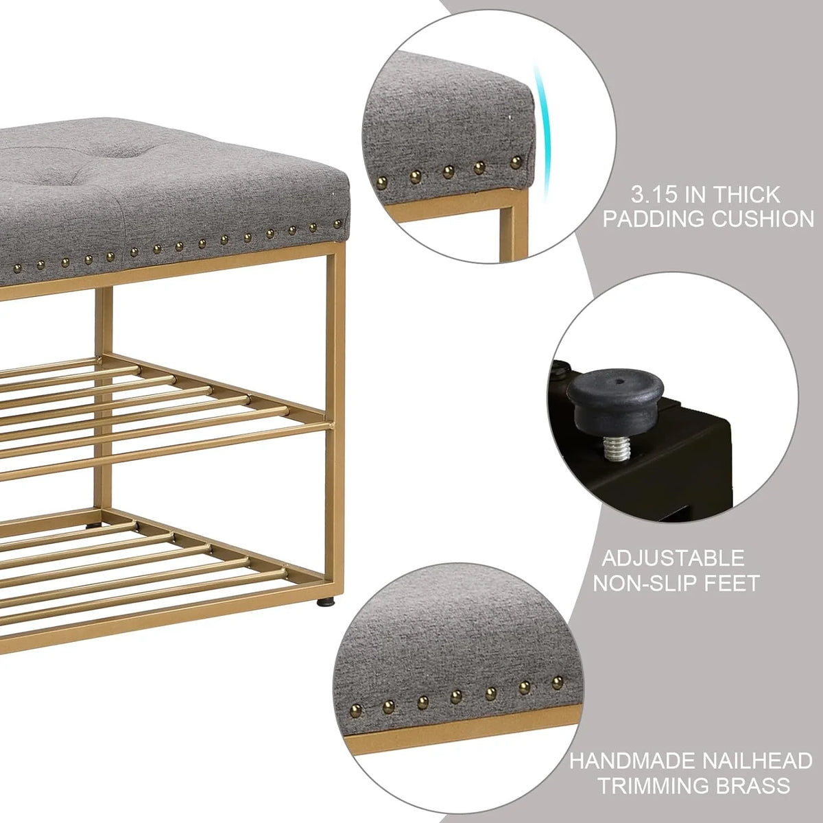 Grey Upholstered Storage Bench with Nailhead Trim D5999
