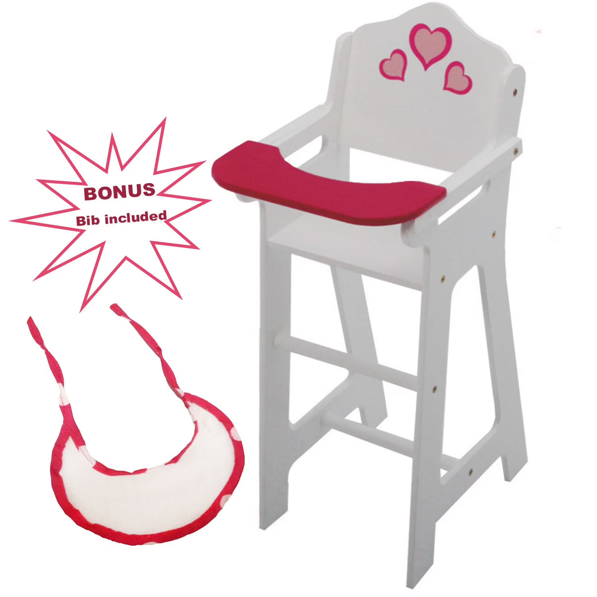 Wooden Doll High Chair with Doll Bib Fits 18" Dolls Y1469