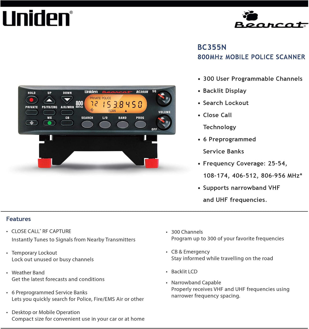 800 MHz 300-Channel Base/Mobile Scanner and Universal CB Extension Speaker with Swivel Bracket O1990