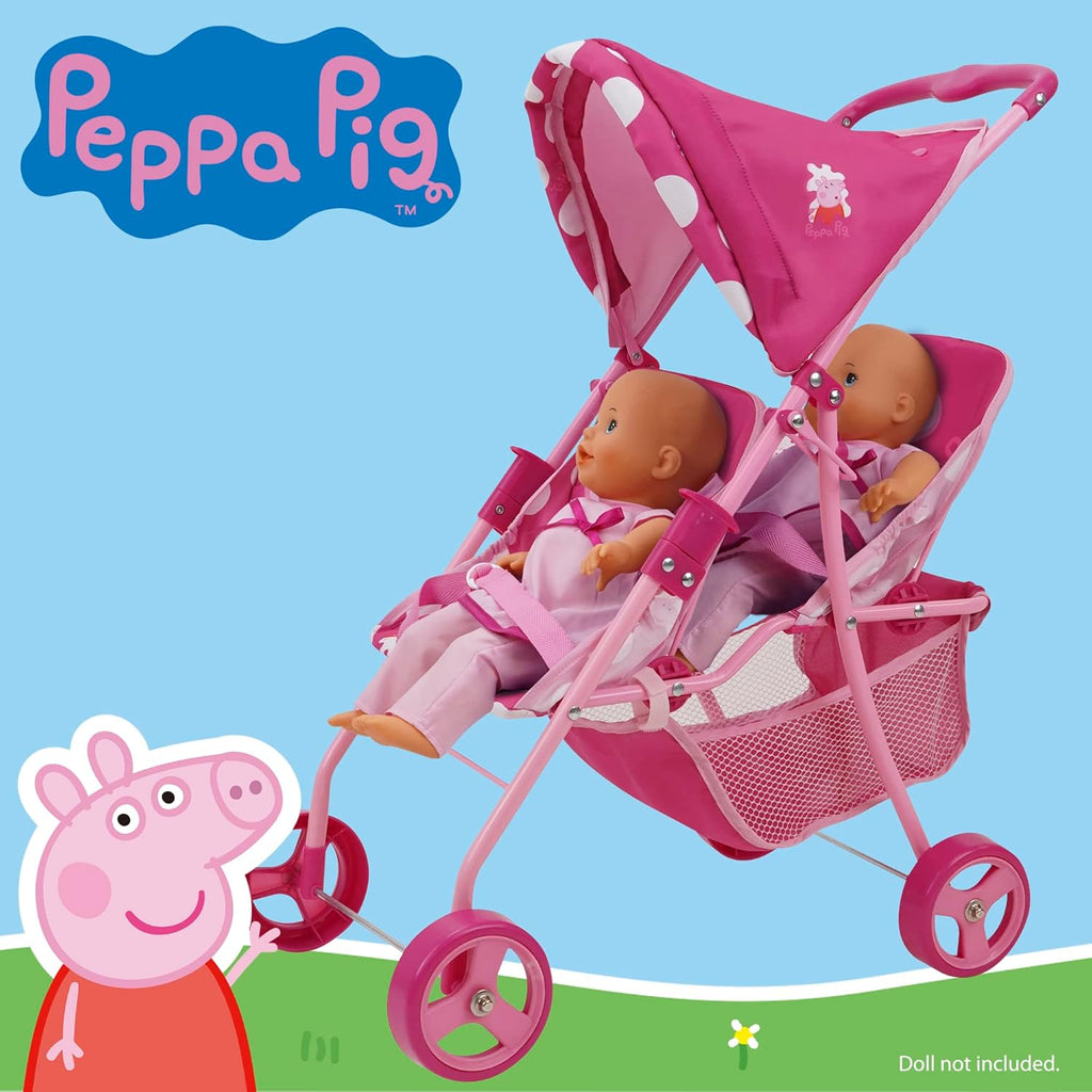 Pink & White Dots Doll Twin Stroller E8299