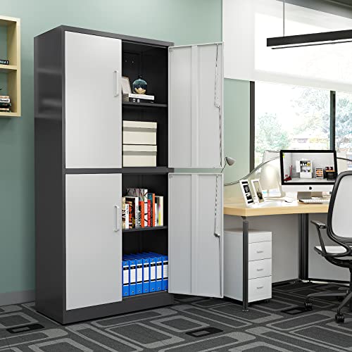Black 72" Tall Steel Lockable Storage Cabinet with 2 Doors and 5 Adjustable Shelves D177