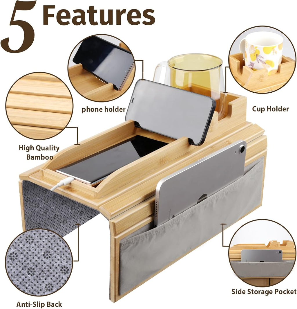 Natural Bamboo Couch Cup Holder Tray with Side Storage Pocket S9295