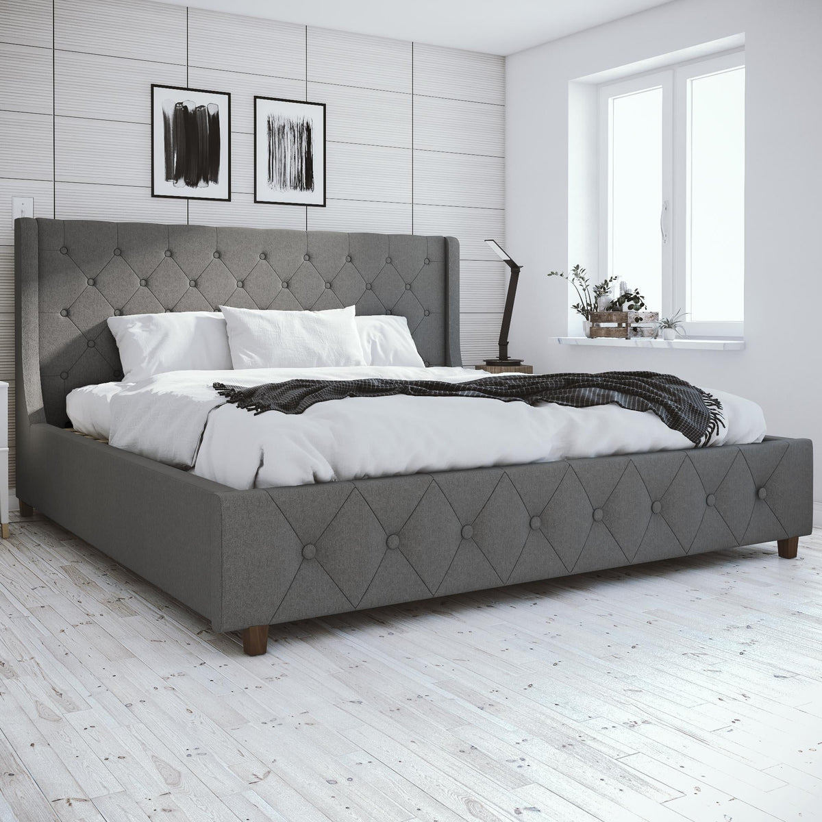 King Light Gray Linen Upholstered Bed N746921