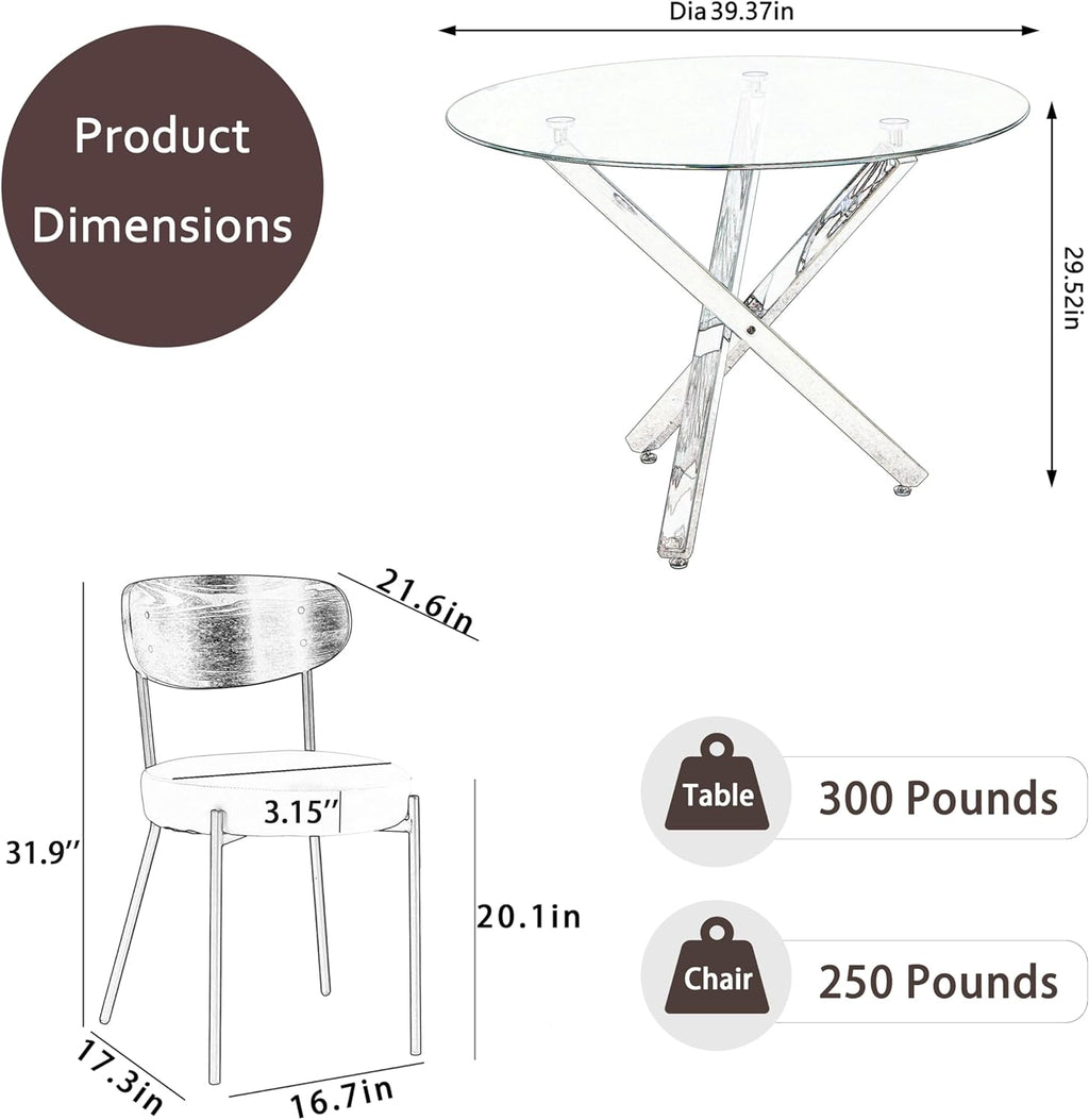 5 Pcs Round Glass Dining Table Set with Beige Faux Leather Chairs A584991