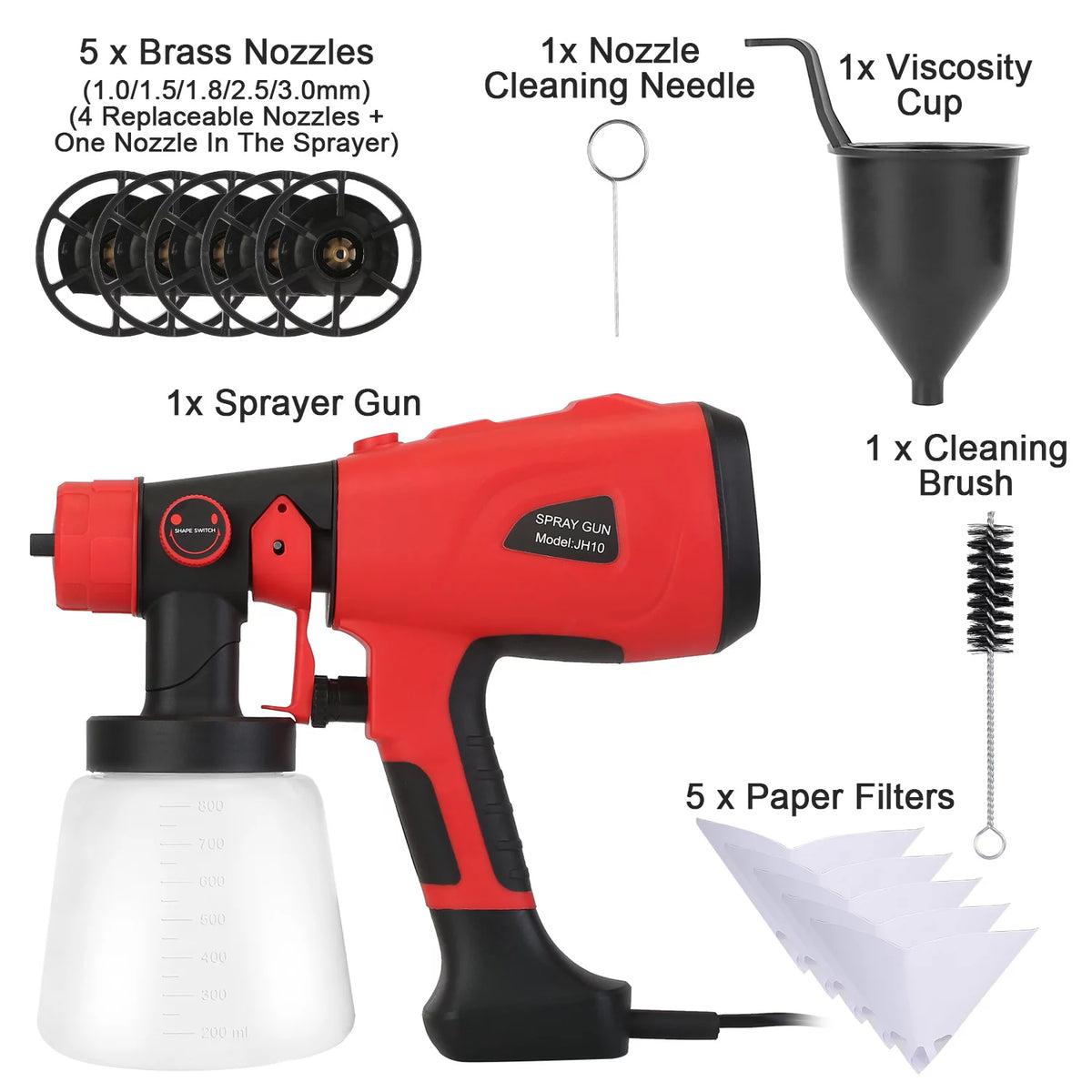 Electric Paint Sprayer with 3 Spray Patterns 5 Nozzles 800ML Detachable Cup L634