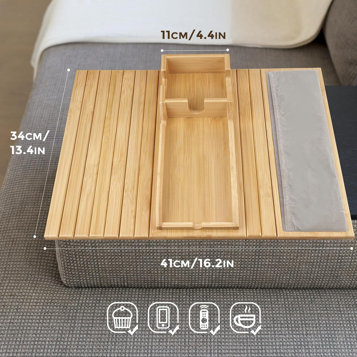 Natural Bamboo Couch Cup Holder Tray with Side Storage Pocket S9295