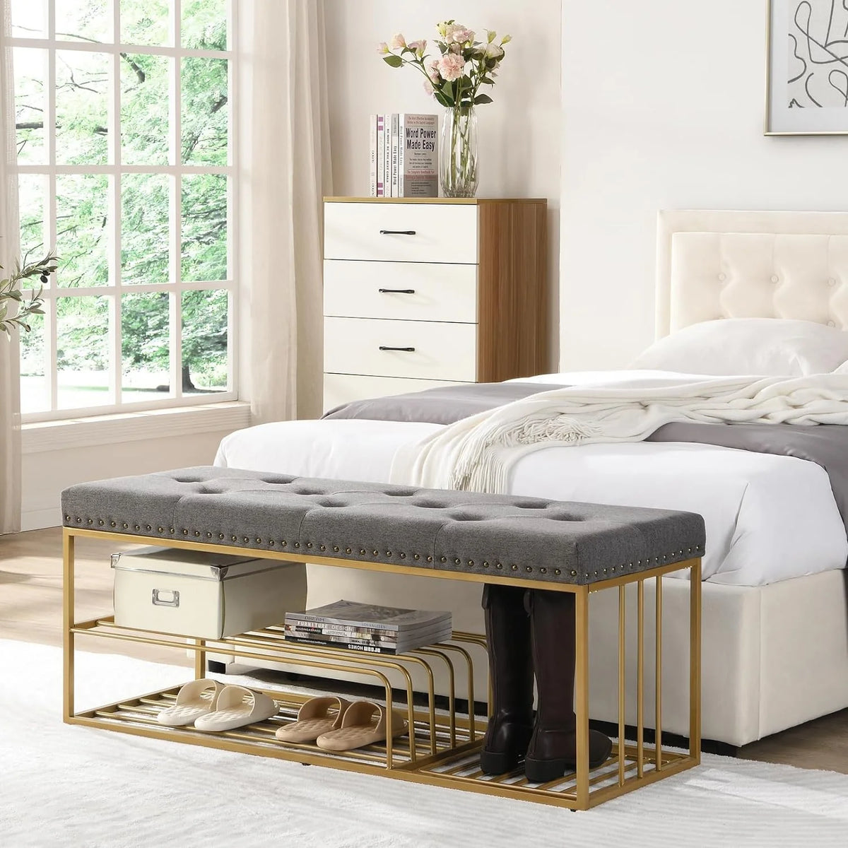 Grey Upholstered Storage Bench with Nailhead Trim D5999