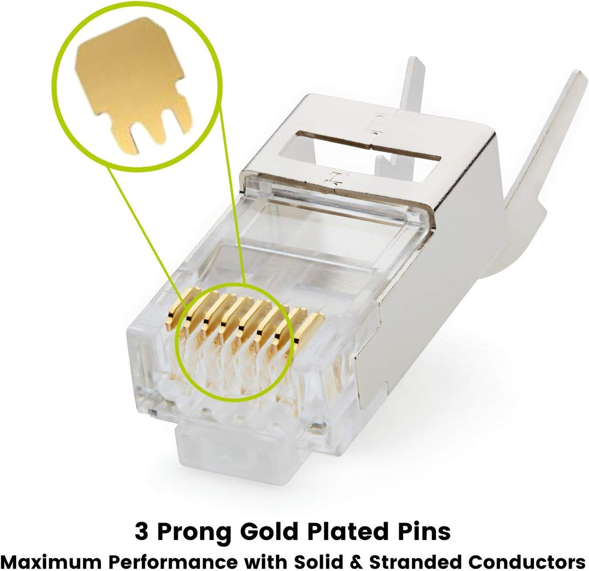 Shielded (STP) RJ45 Modular Plugs, Gold Plated 3 Prong 8P8C, 100 Pieces Z618