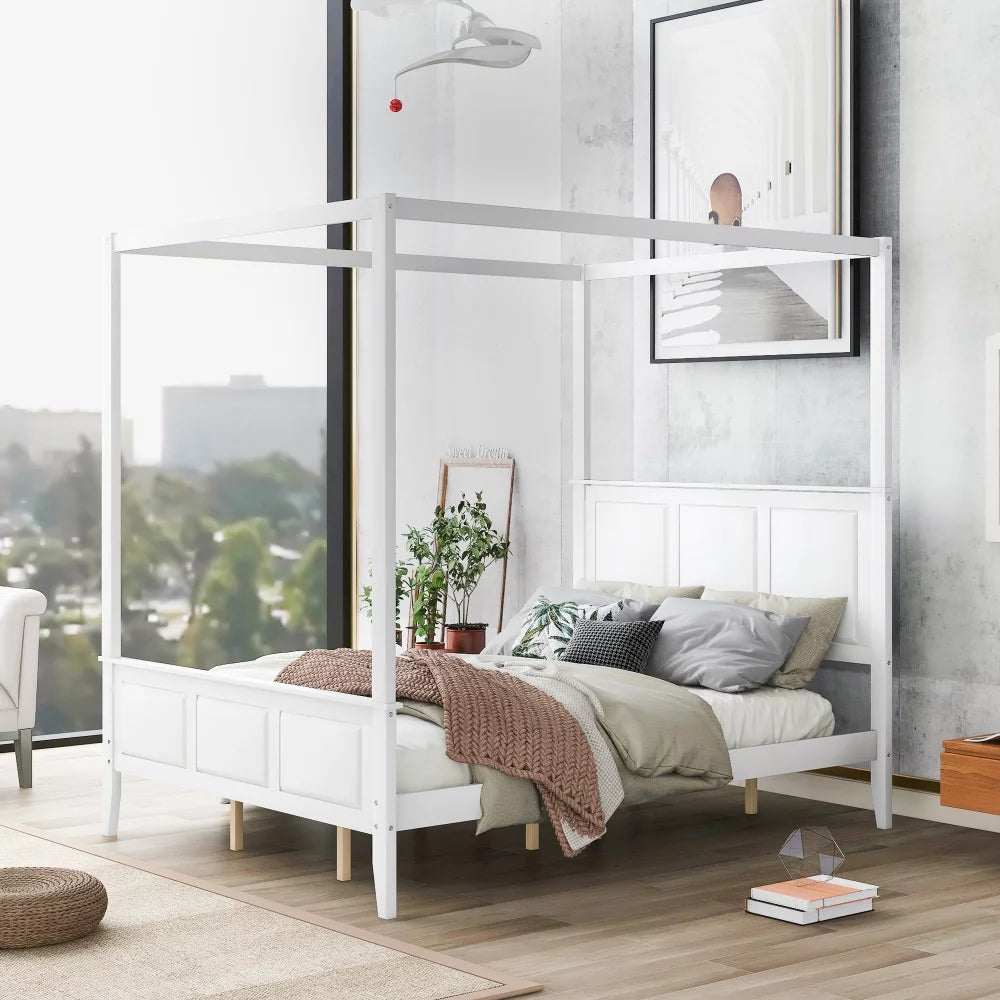 Queen Size Canopy Platform Bed with Headboard and Footboard White Q998409