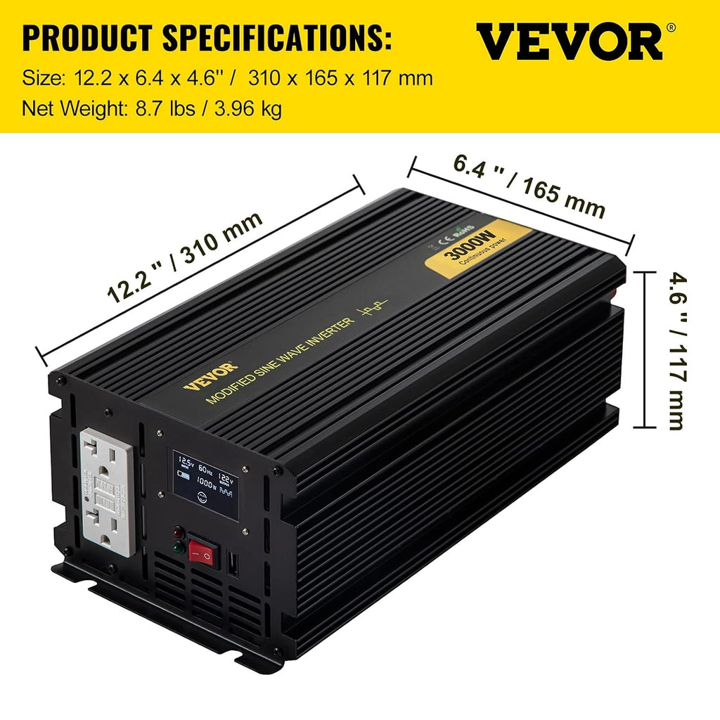 3000W Modified Sine Wave Inverter DC 12V to AC 120V with LCD Display C224