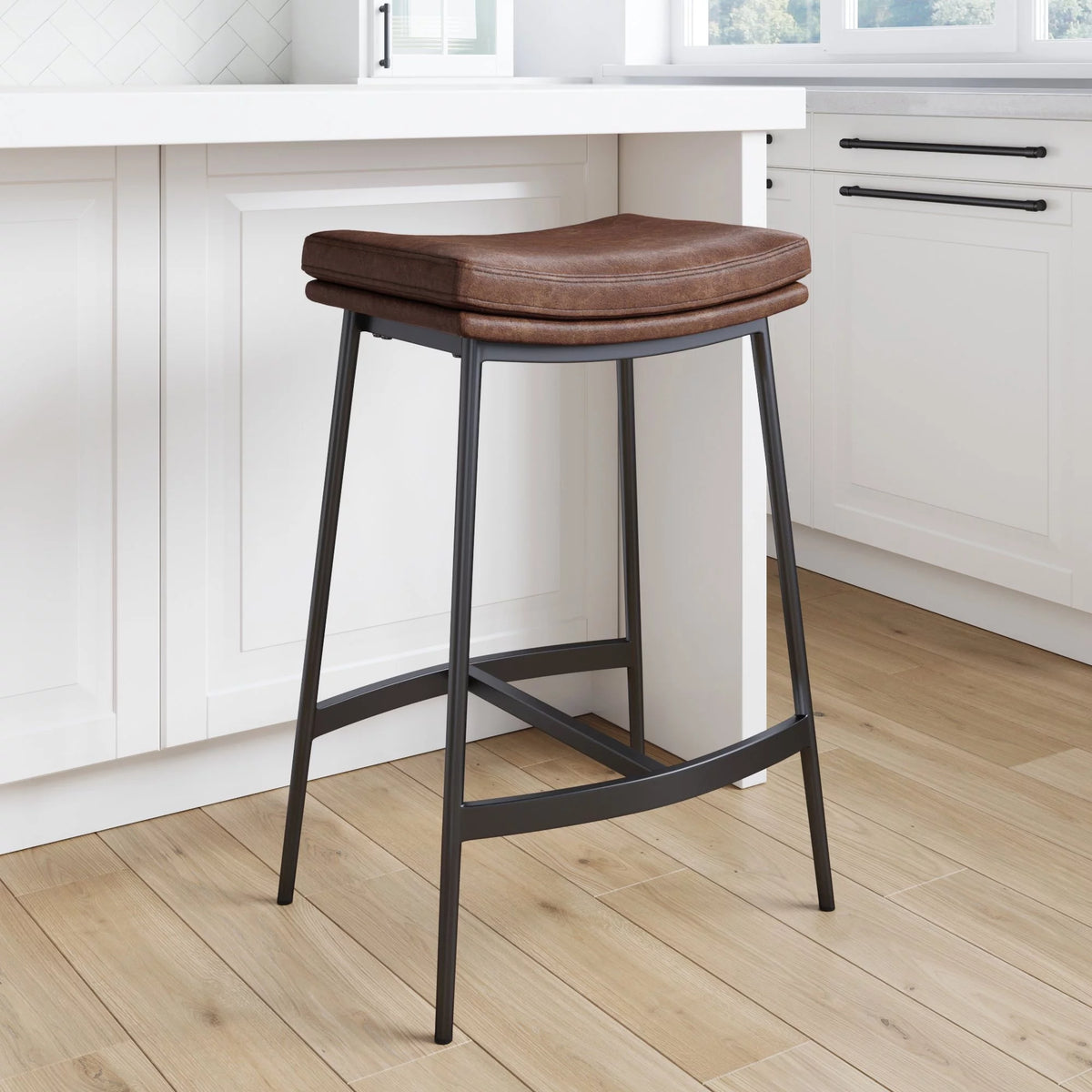 Brown Backless Upholstered Bar Stool with Metal Base R82112