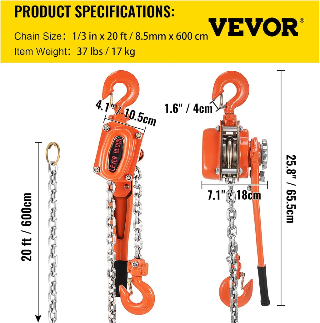 1.5Ton 3300lbs Capacity Ratchet Puller with 20FT Lifting Height, 2 Heavy Duty Steel Hooks C20134