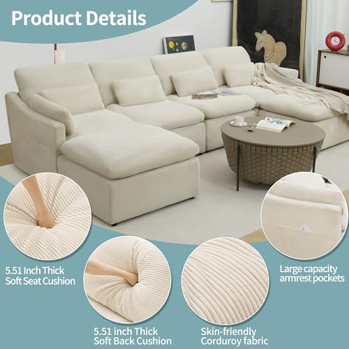 Modular Sectional Sofa, Fluffy Corduroy, Oversized 4 Seater with Ottomans O270193