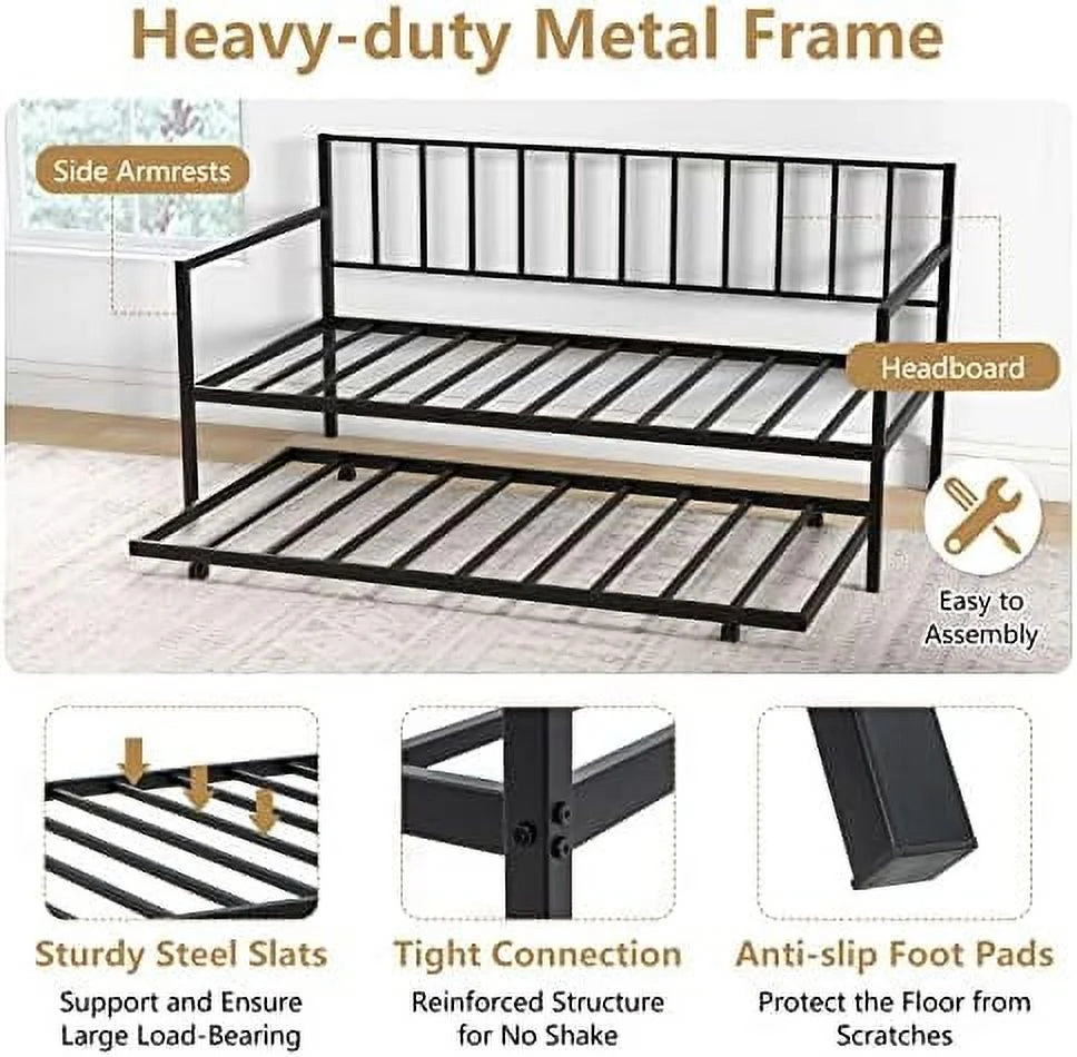 Black Metal Twin Daybed Frame with Slat Support and Guardrails F97754